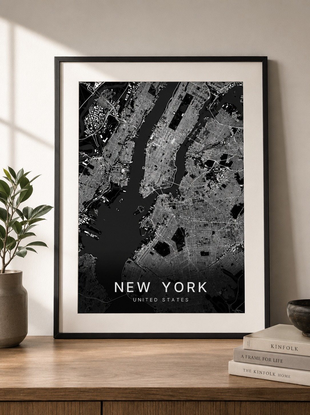 New York map print framed on a wall