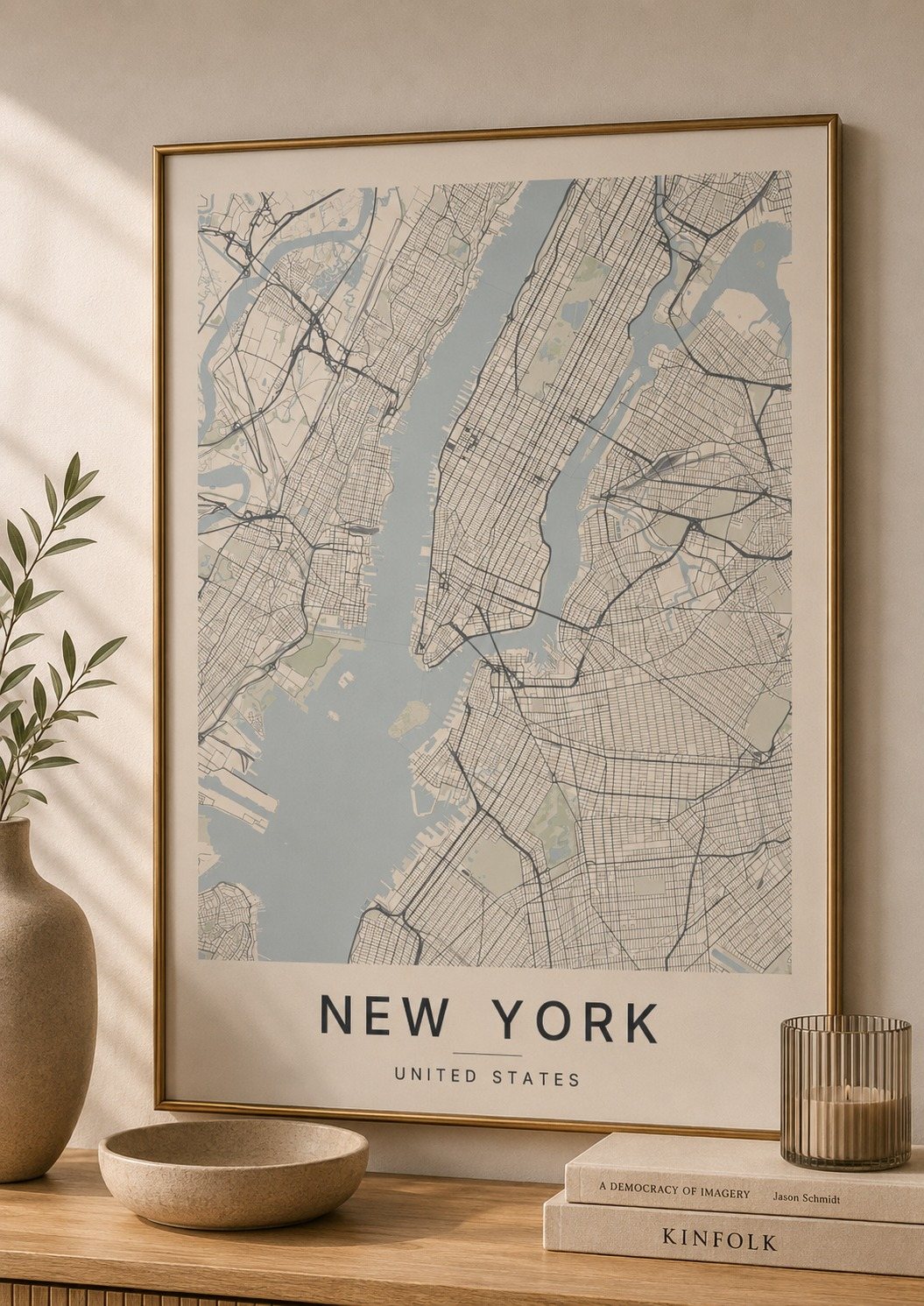 New York map print framed on a wall