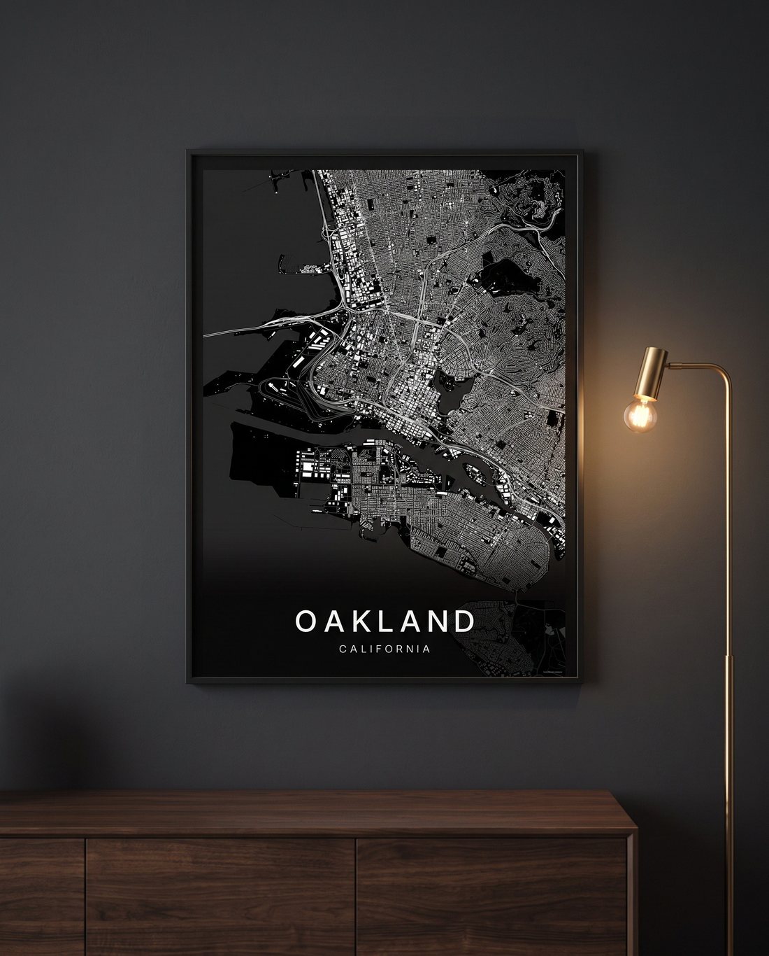 Oakland map print framed on a wall