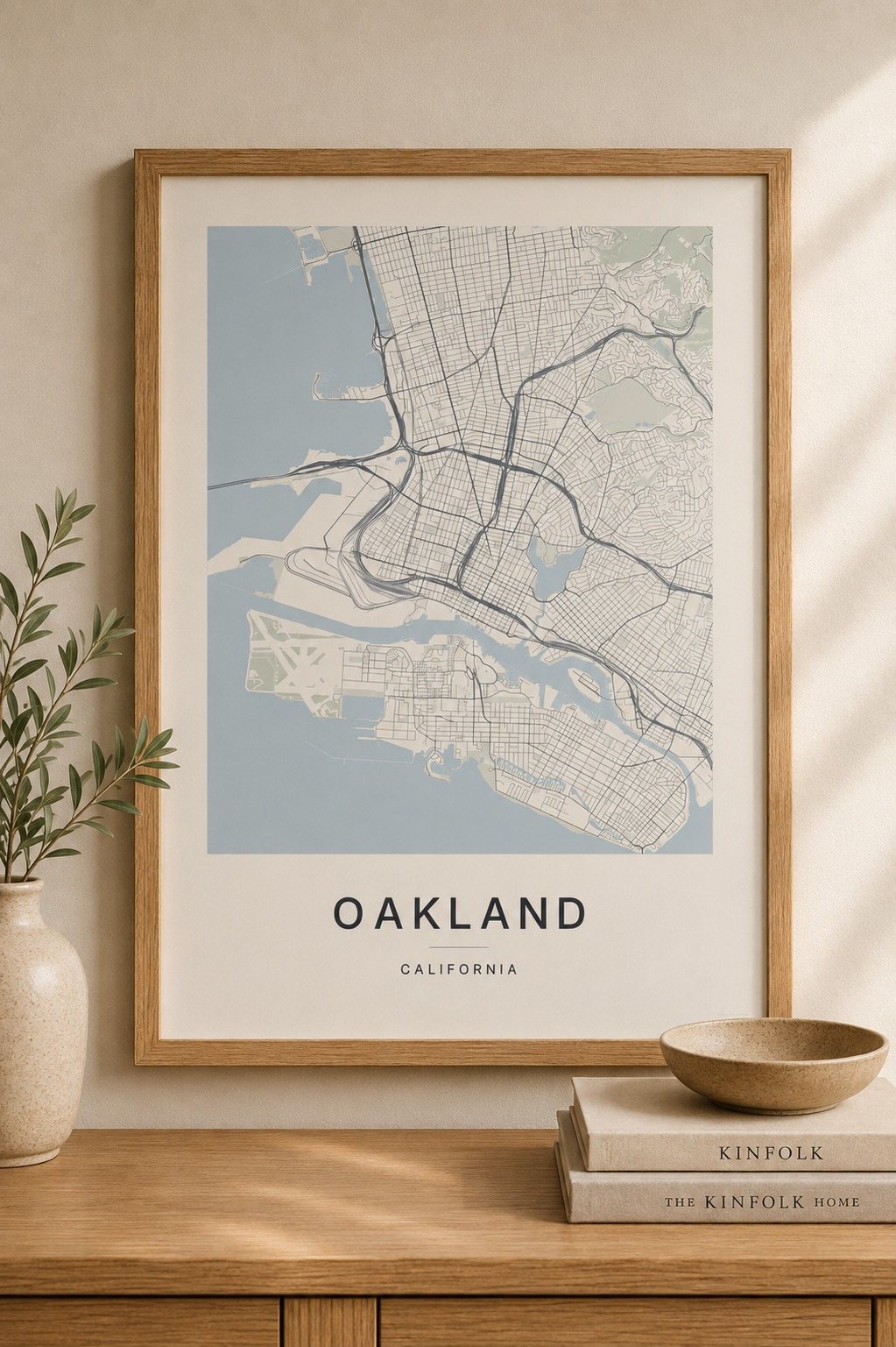 Oakland map print framed on a wall