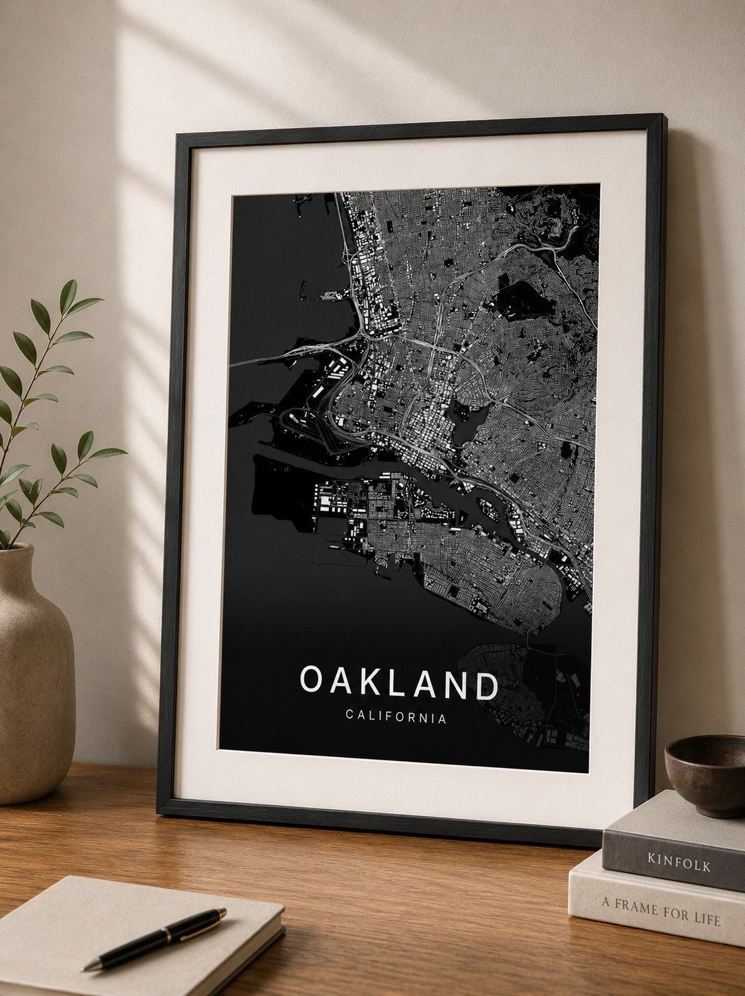Oakland map print framed on a wall