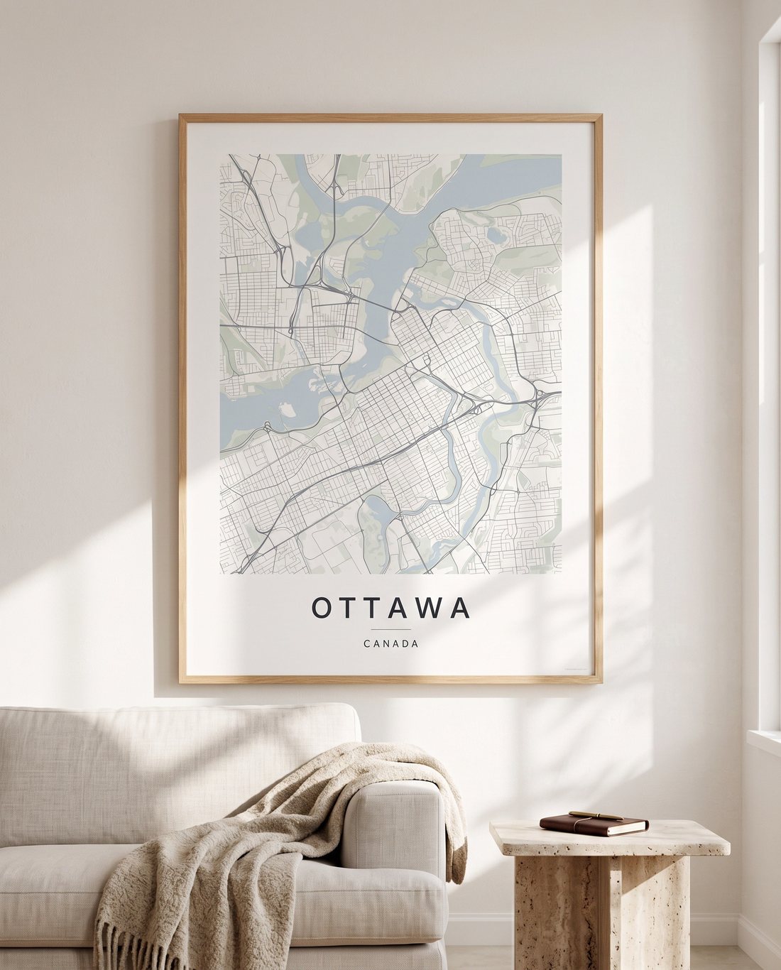 Ottawa map print framed on a wall