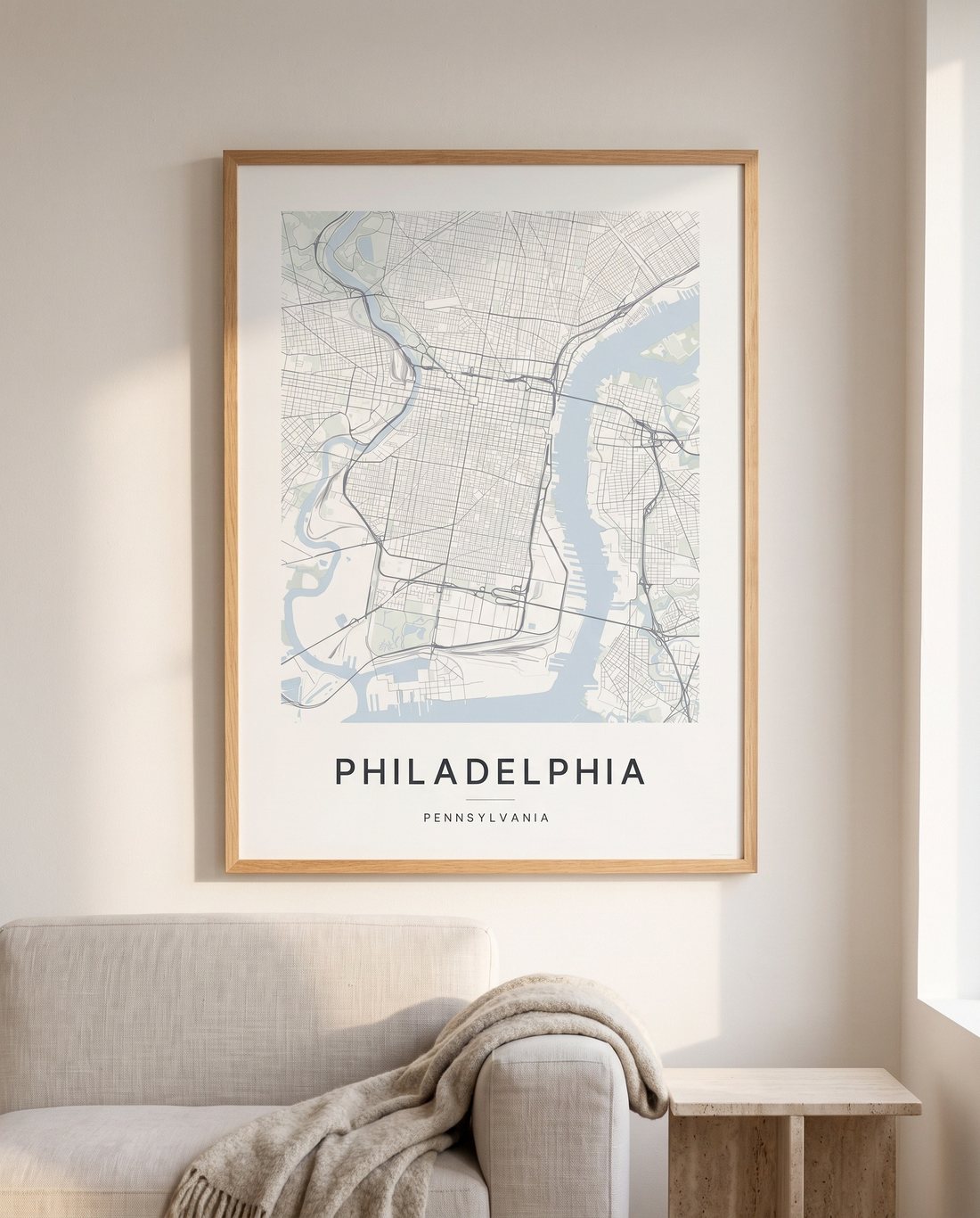 Philadelphia map print framed on a wall