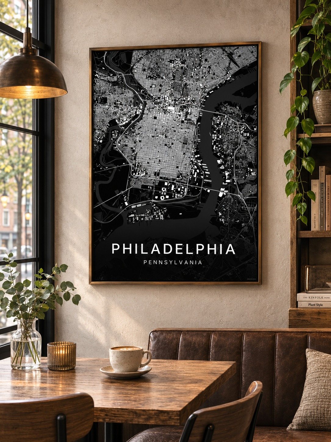 Philadelphia map print framed on a wall