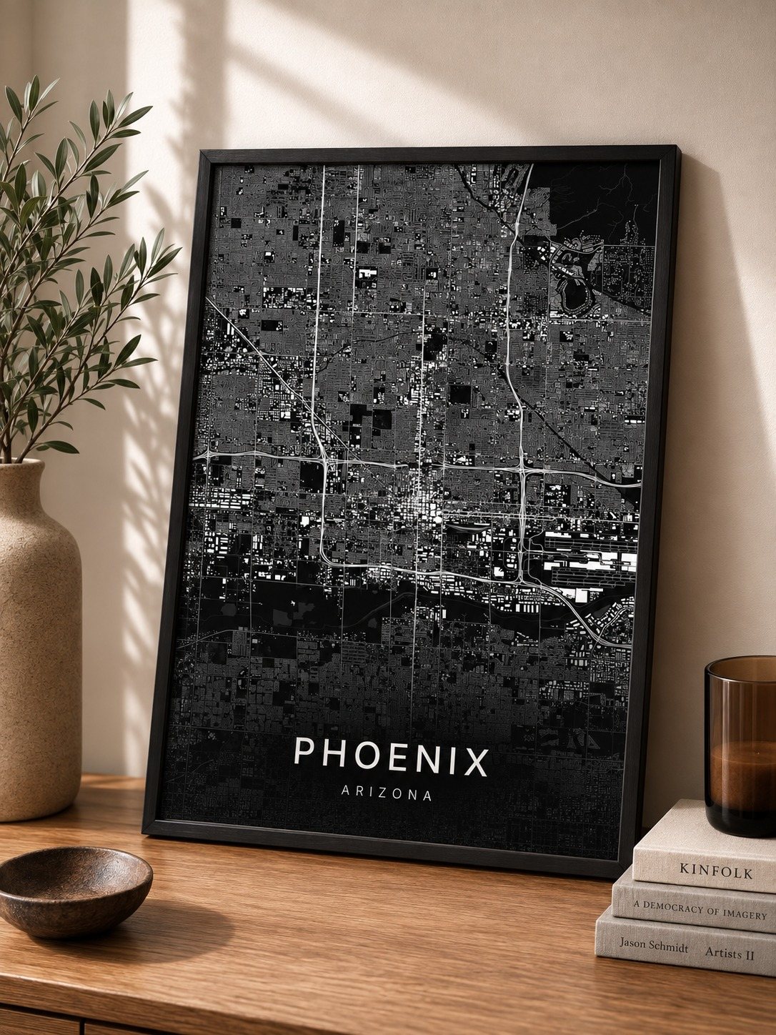 Phoenix map print framed on a wall