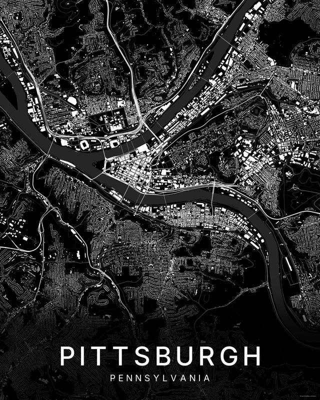 Pittsburgh map print, Dark colorway