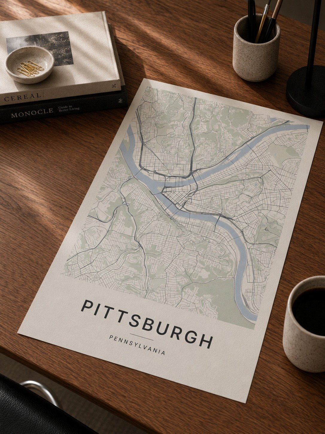 Pittsburgh map print framed on a wall