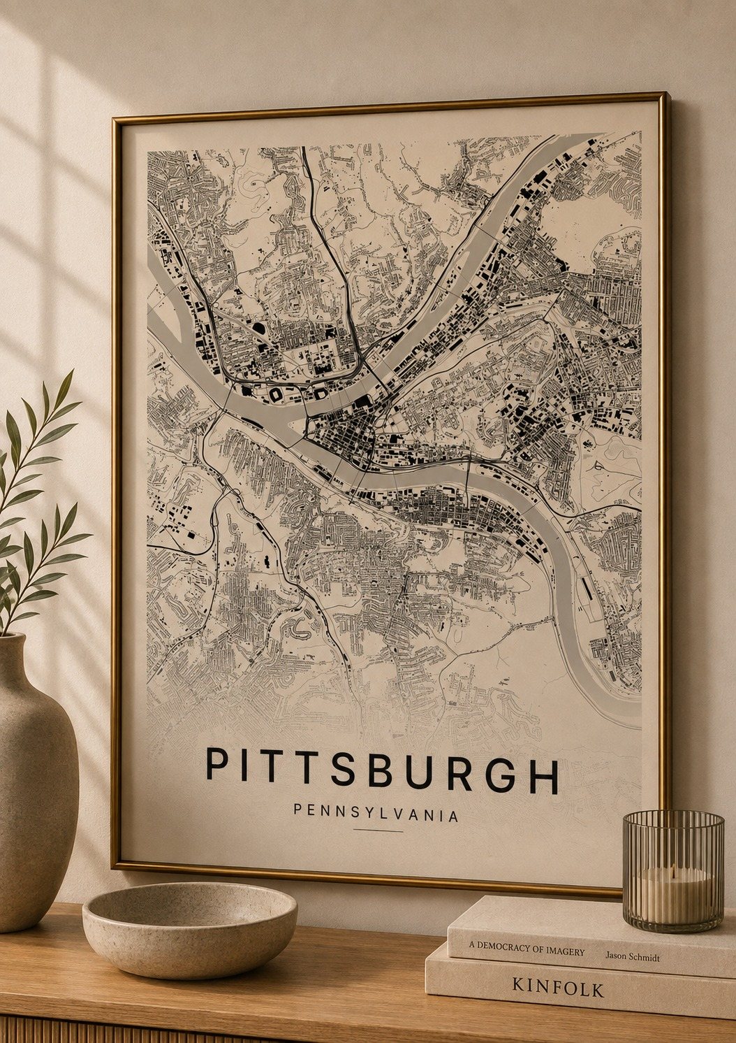 Pittsburgh map print framed on a wall