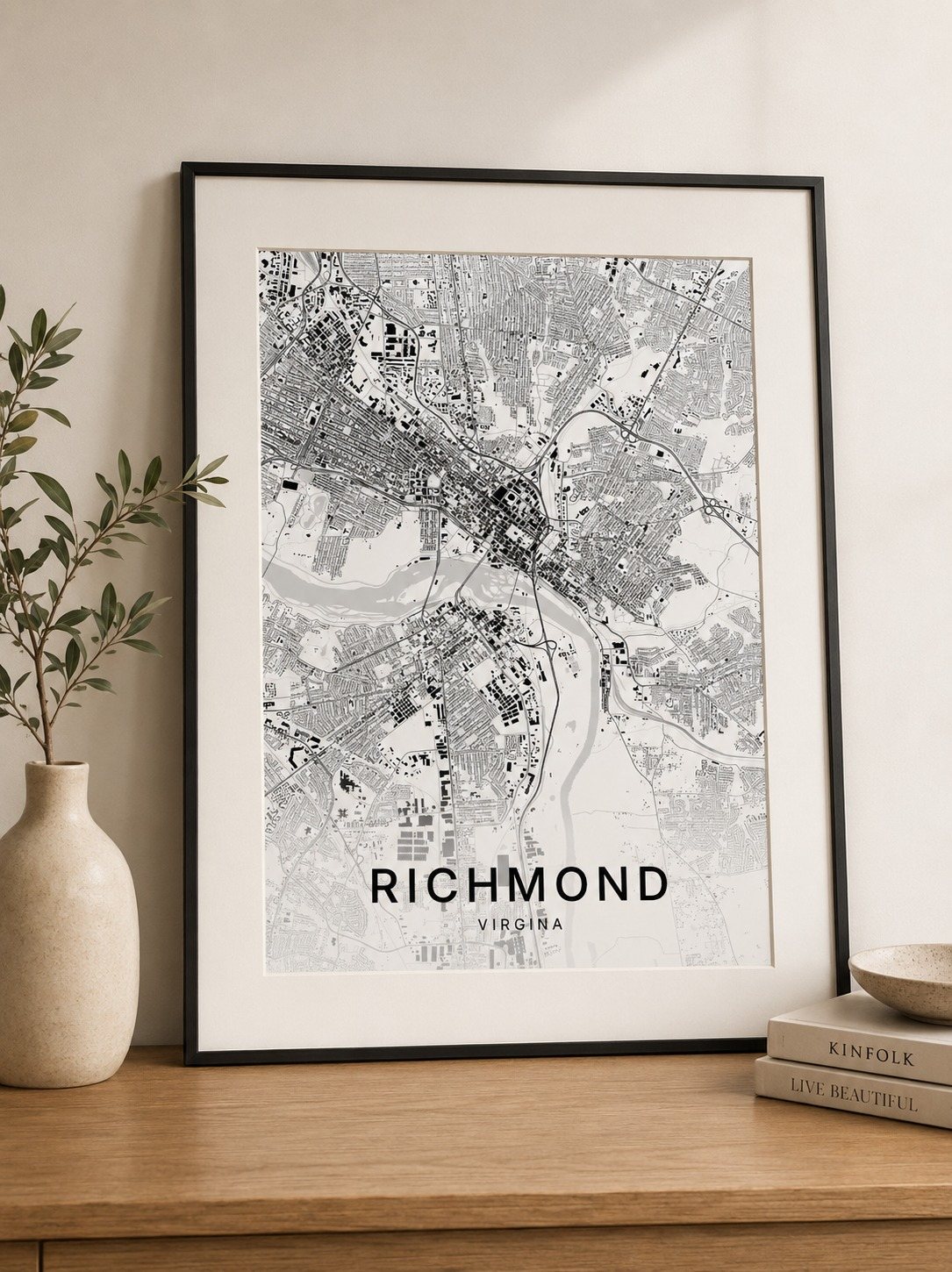 Portland map print framed on a wall