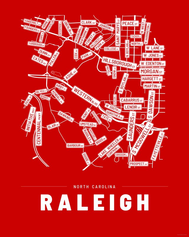 Raleigh street map print, Accent colorway