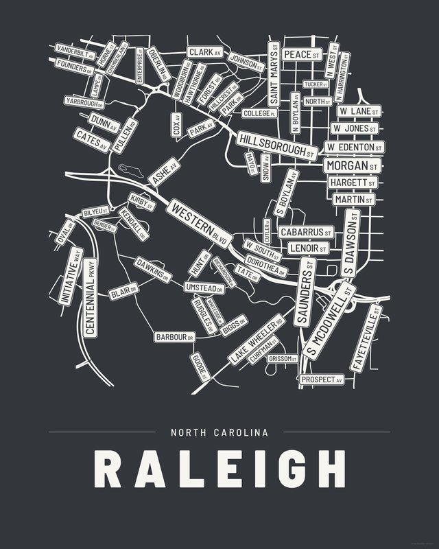 Raleigh street map print, Ink colorway