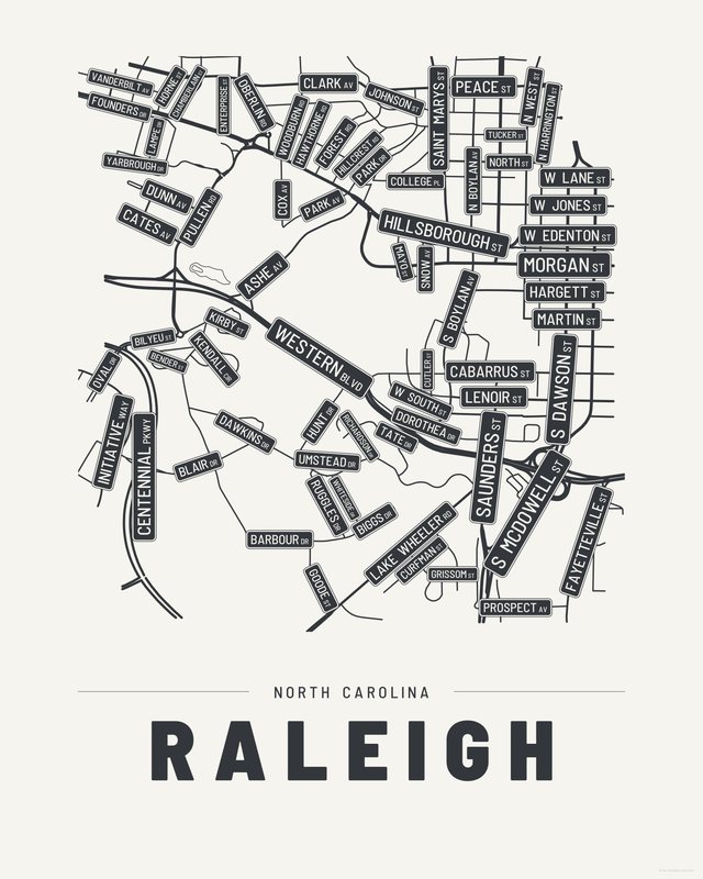 Raleigh street map print, Paper colorway