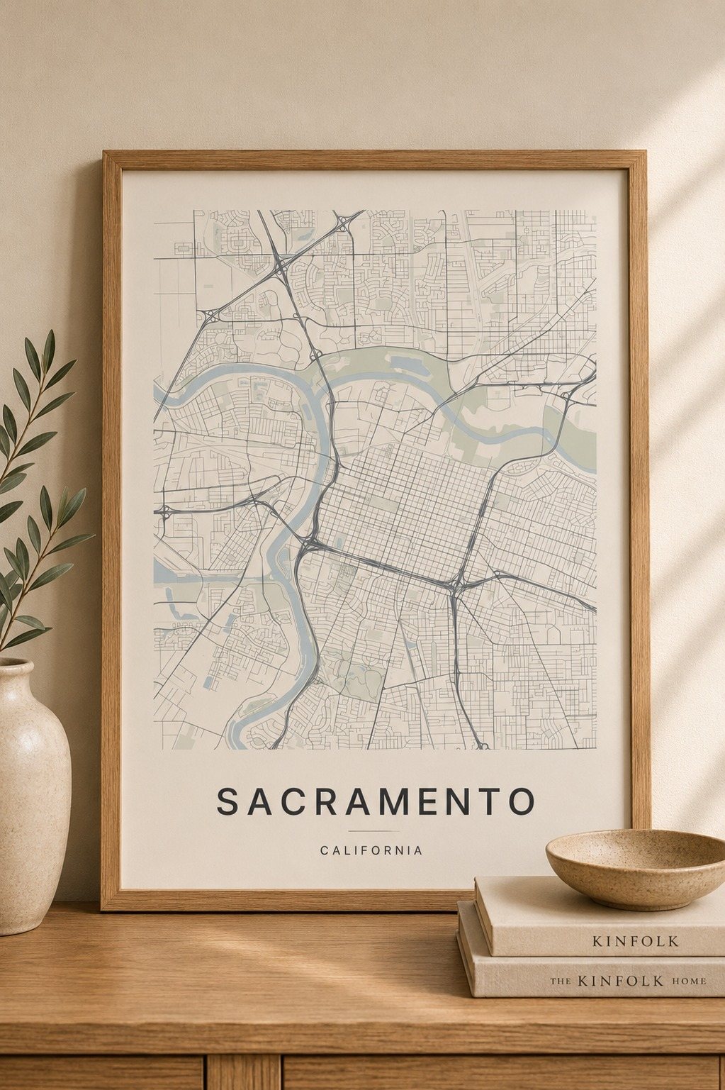 Sacramento map print framed on a wall