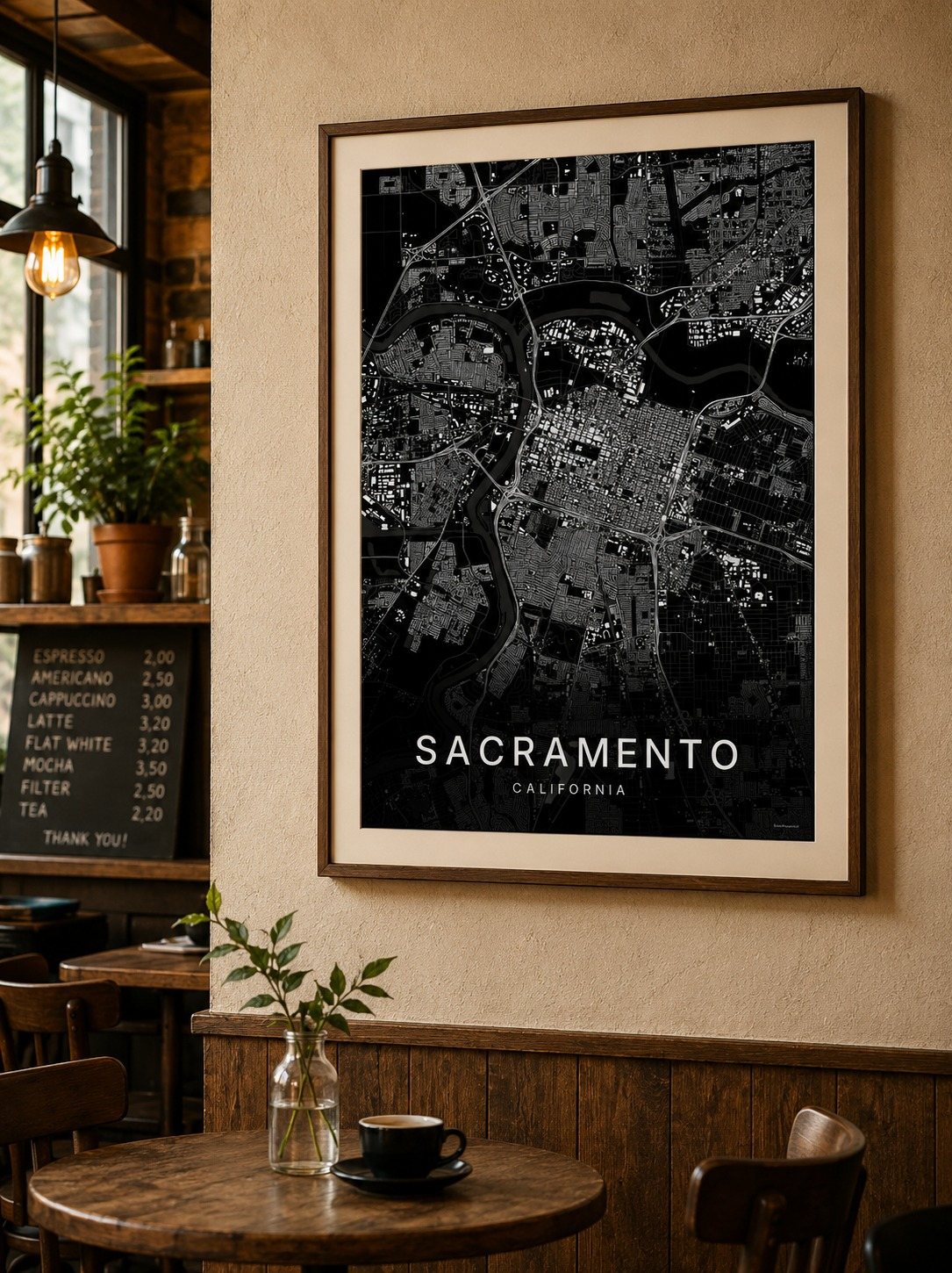 Sacramento map print framed on a wall