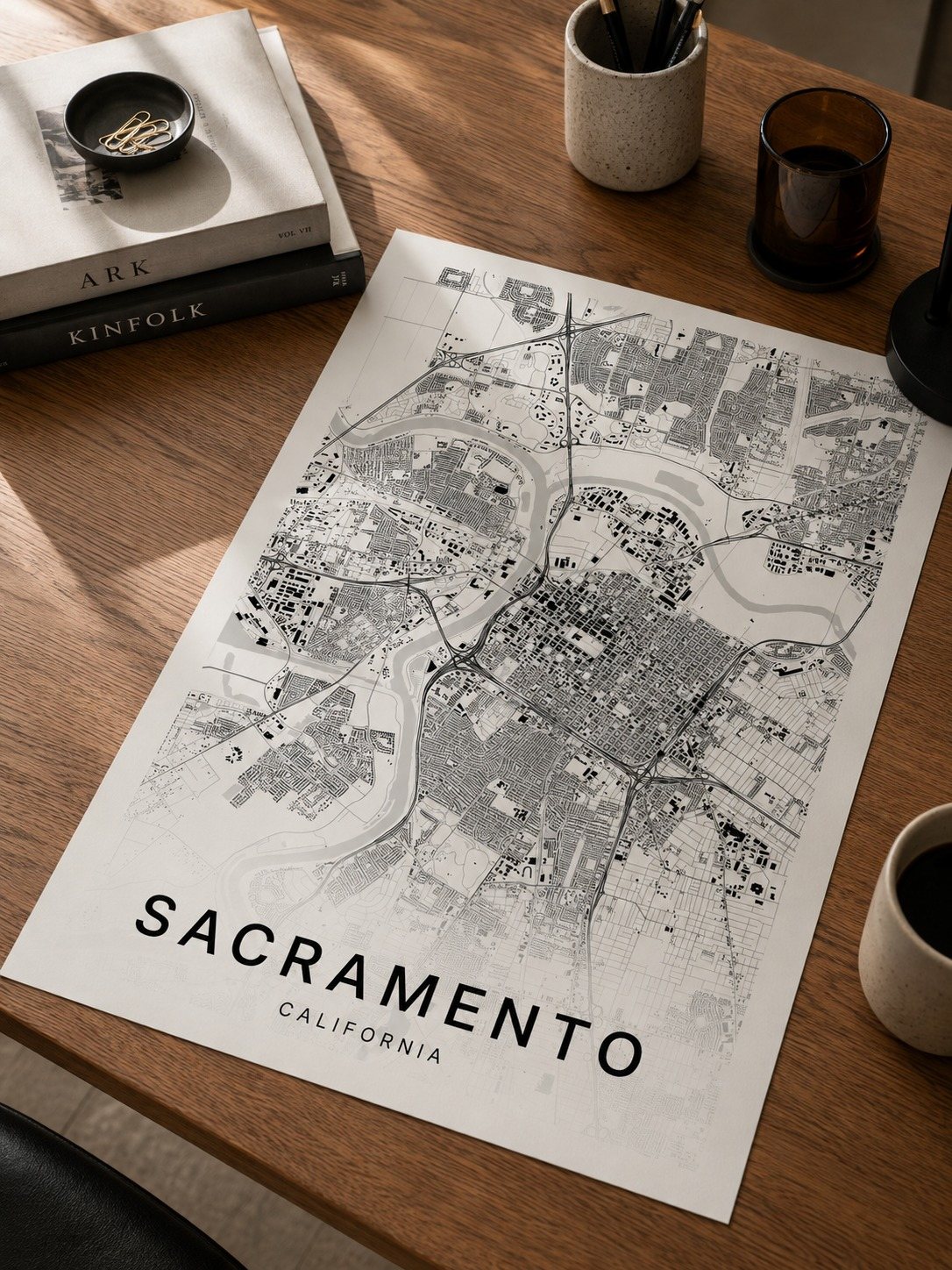 Sacramento map print framed on a wall