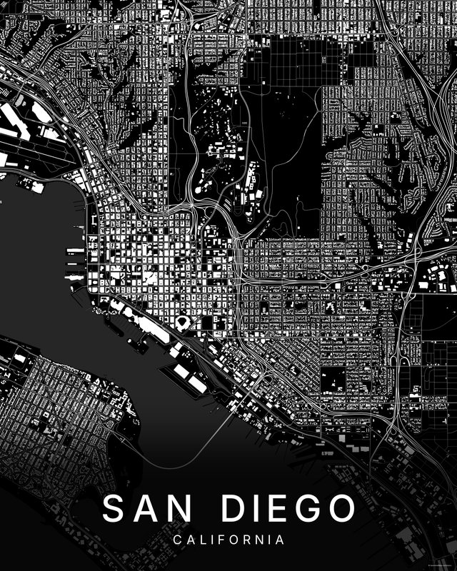 San Diego map print, Dark colorway