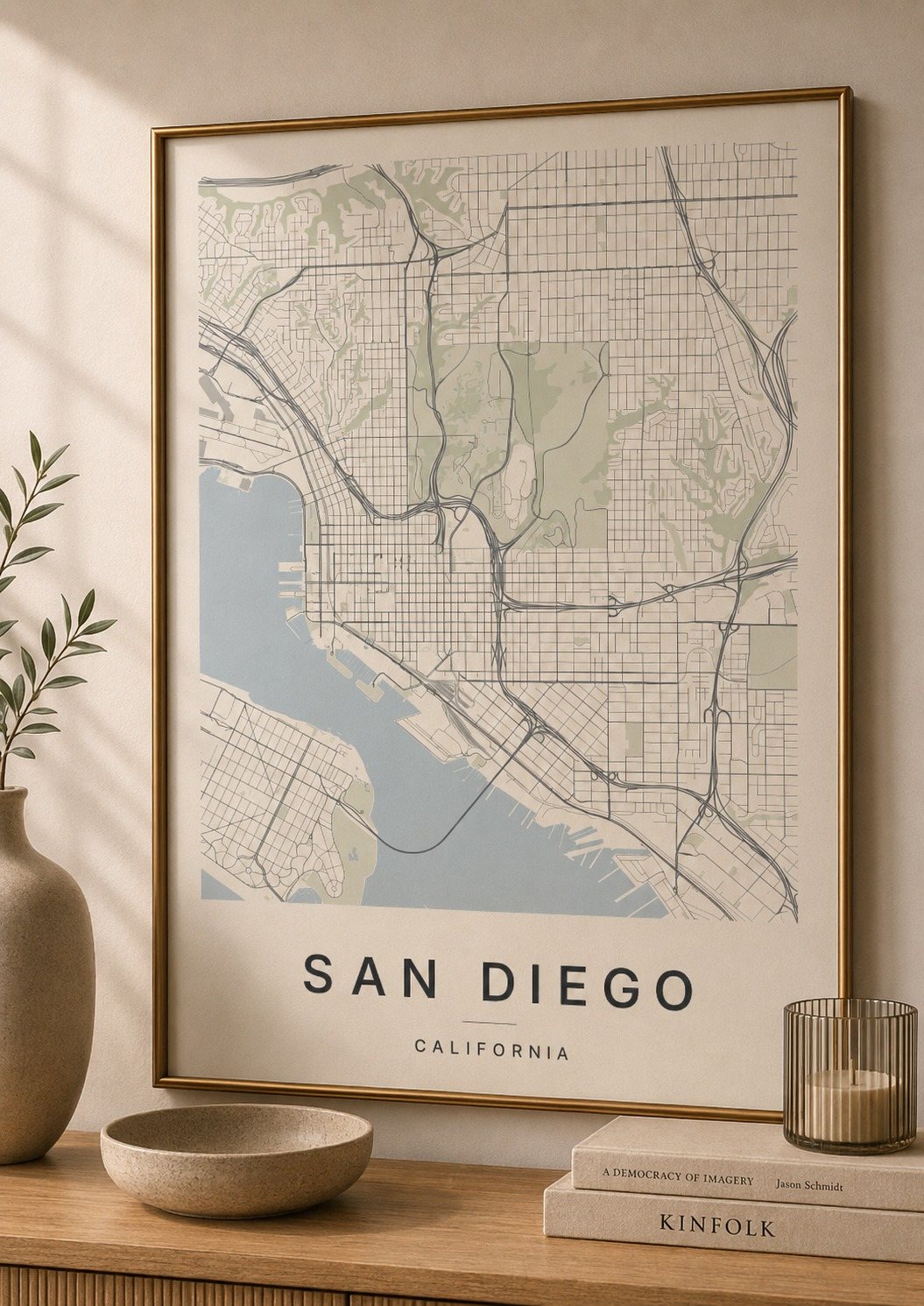 San Diego map print framed on a wall