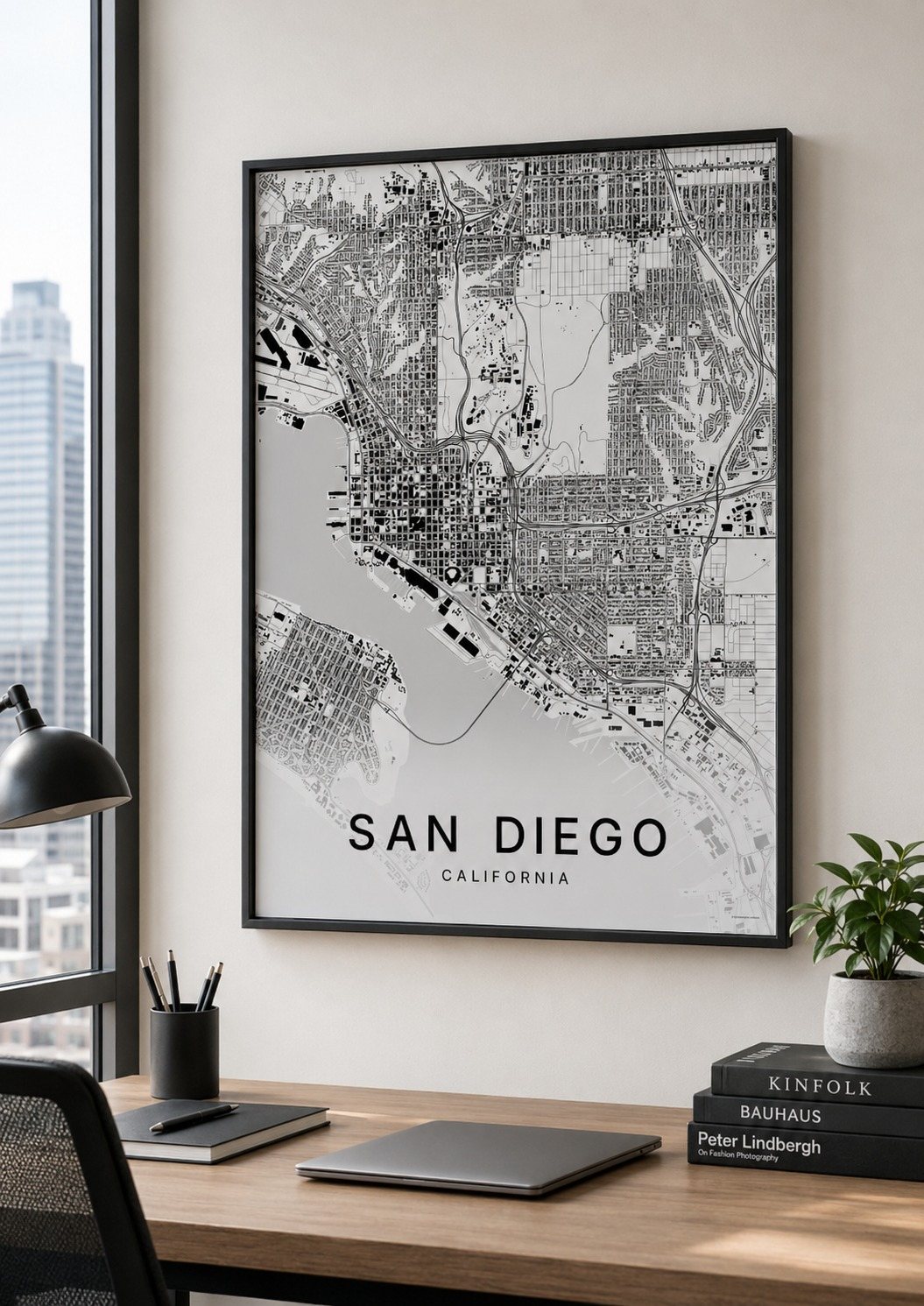 San Diego map print framed on a wall