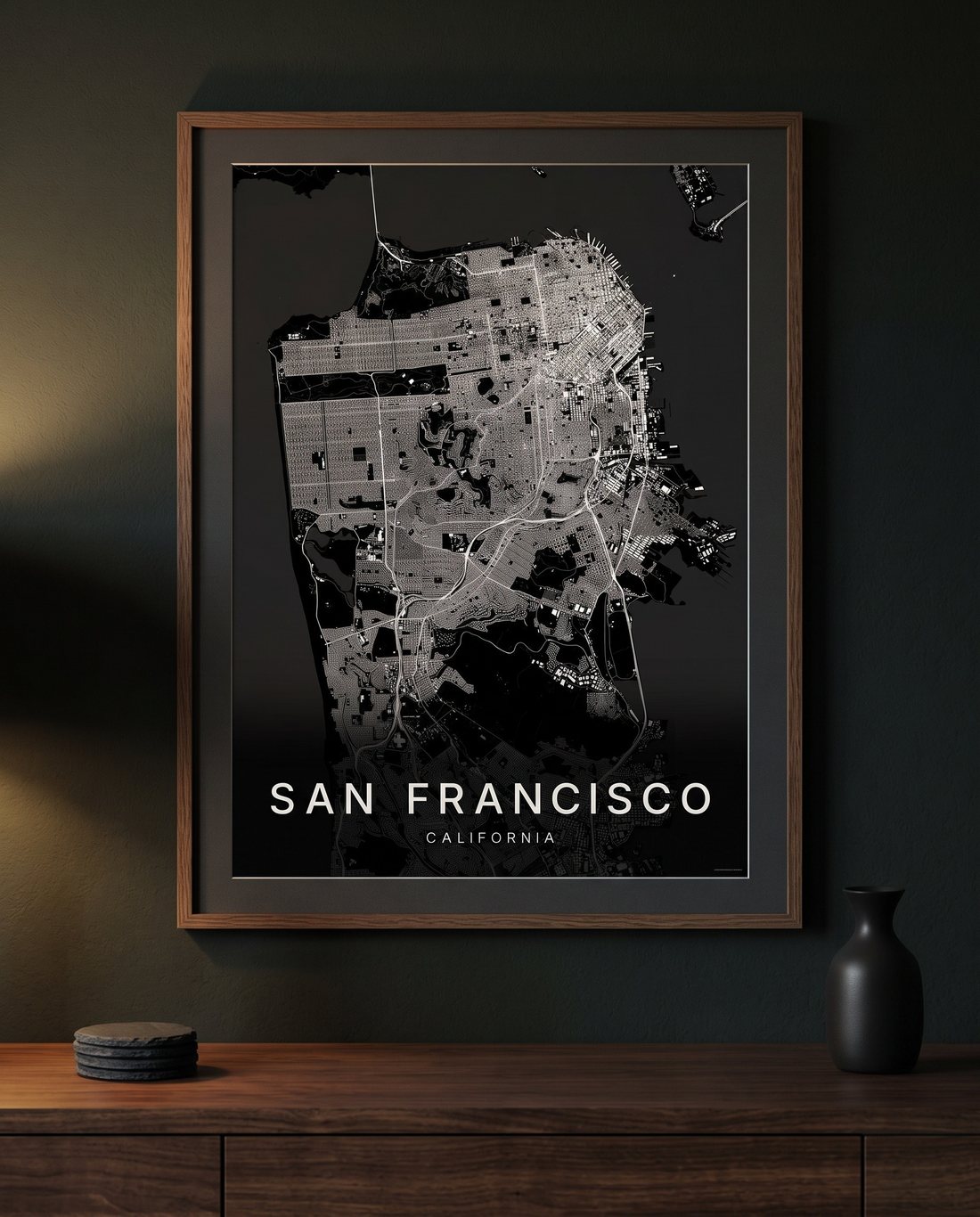 San Francisco map print framed on a wall