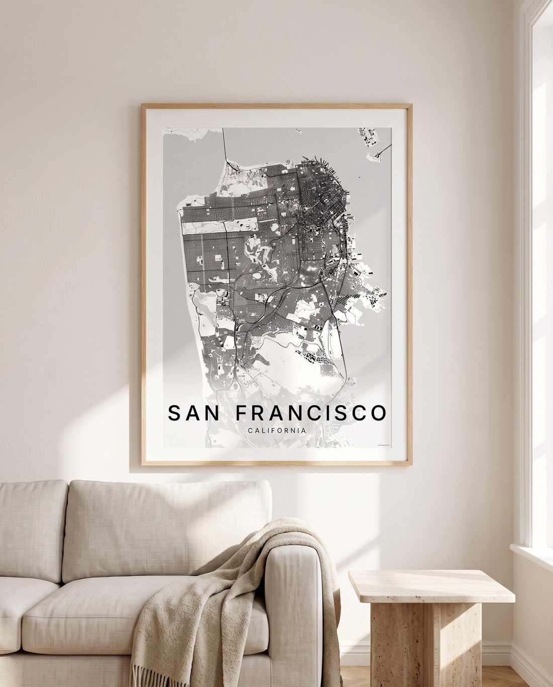 San Francisco map print framed on a wall