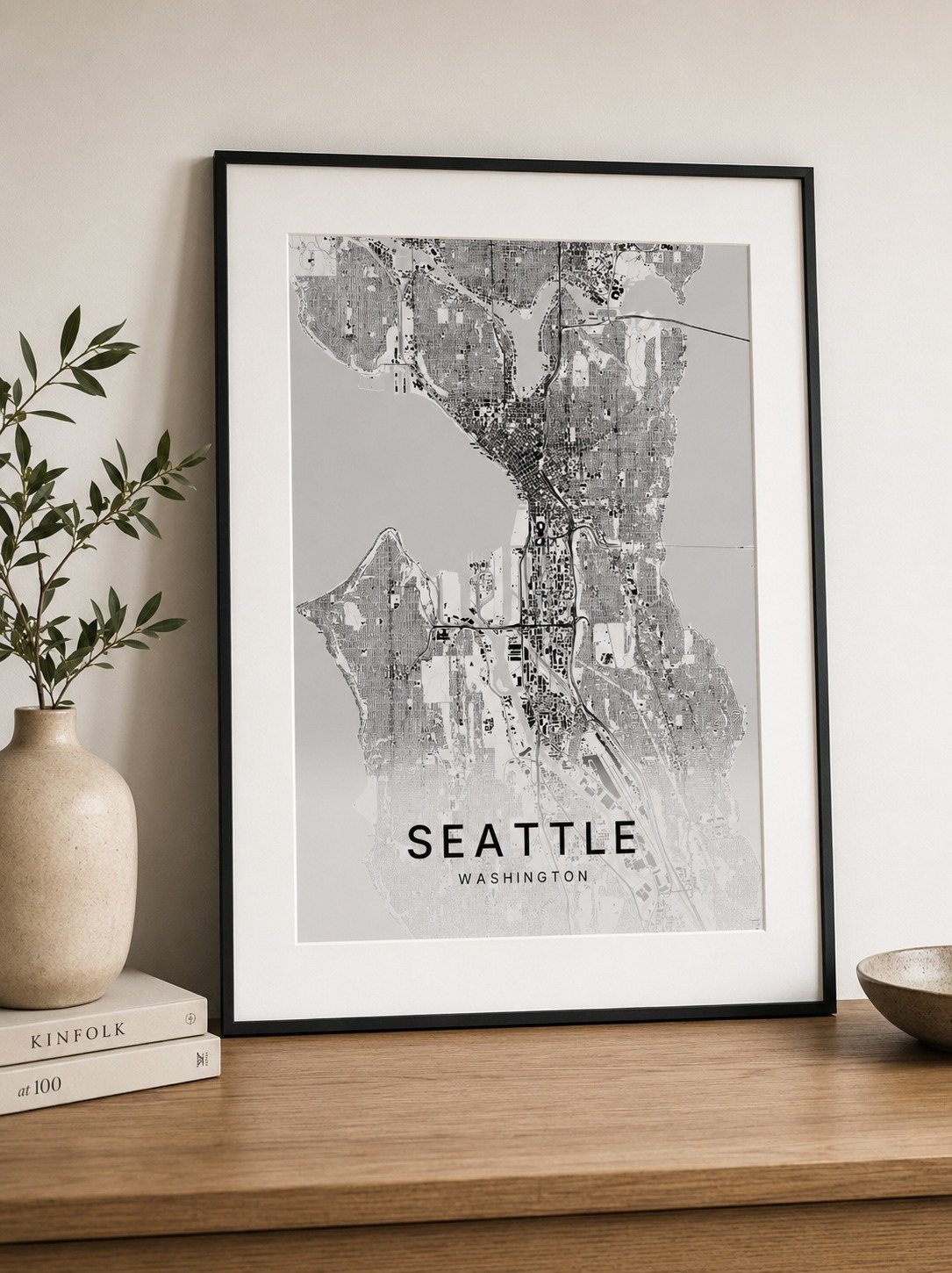 Seattle map print framed on a wall