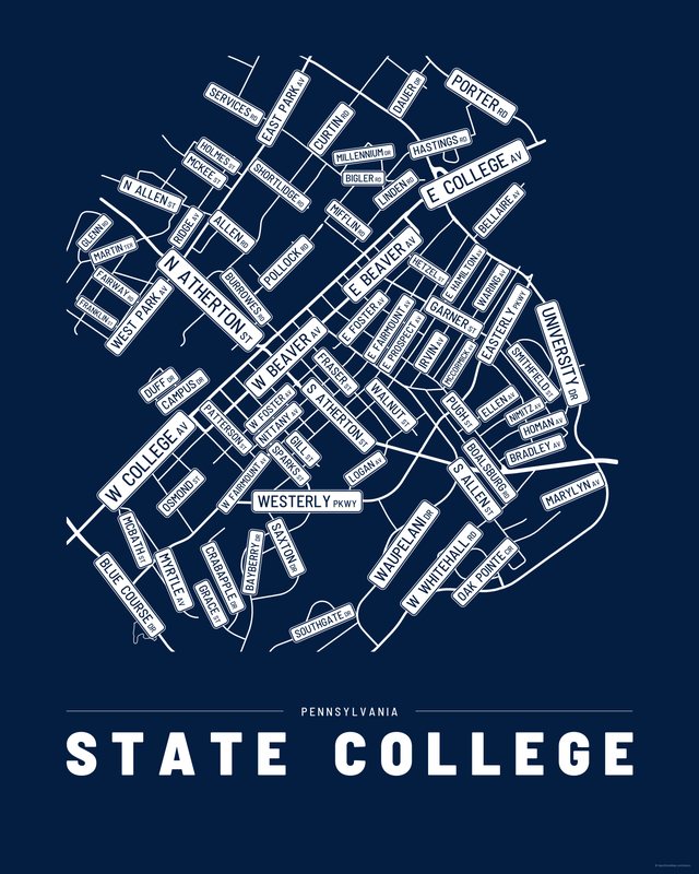 State College street map print, Accent colorway