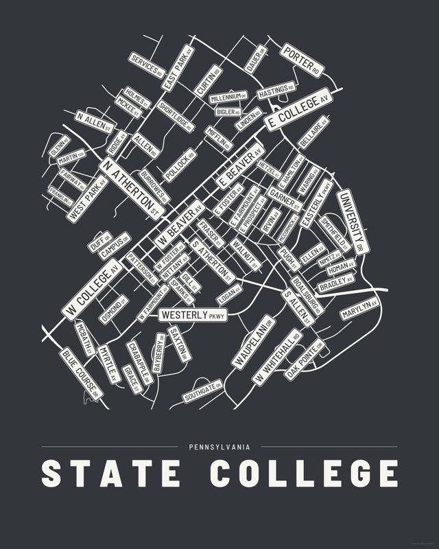 State College street map print, Ink colorway