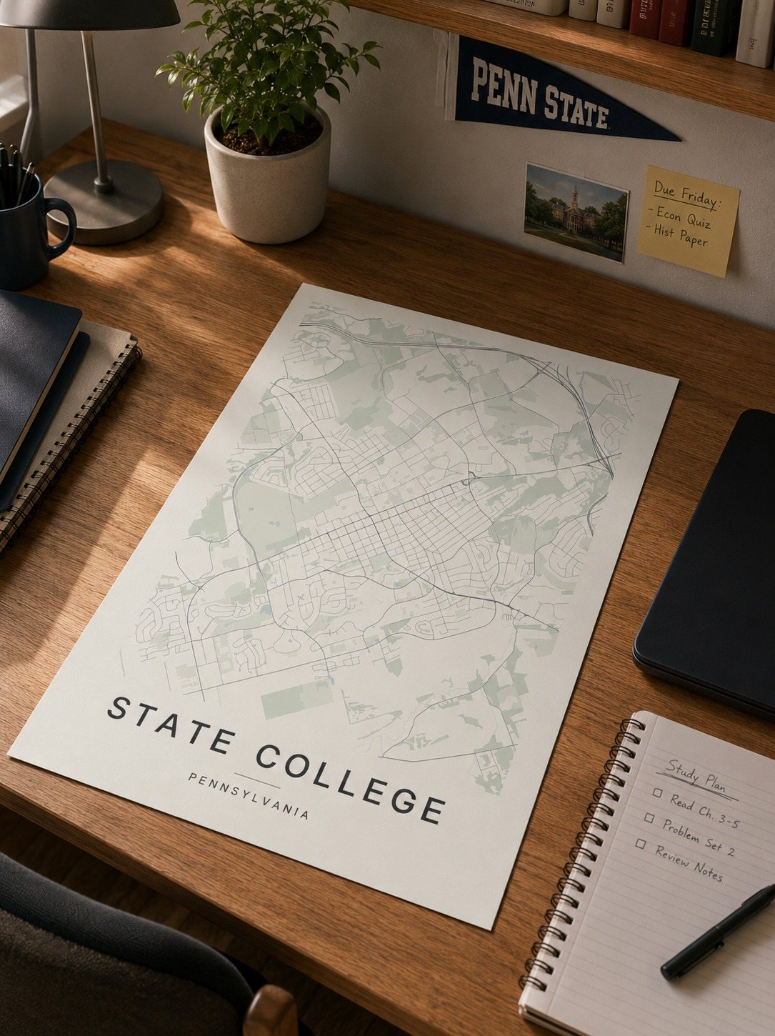 State College map print framed on a wall