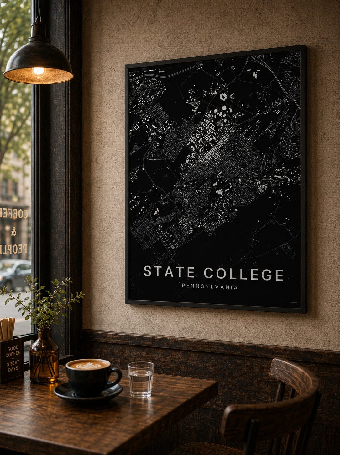 State College map print framed on a wall