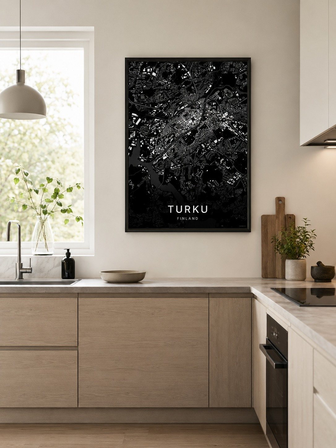 Turku map print framed on a wall