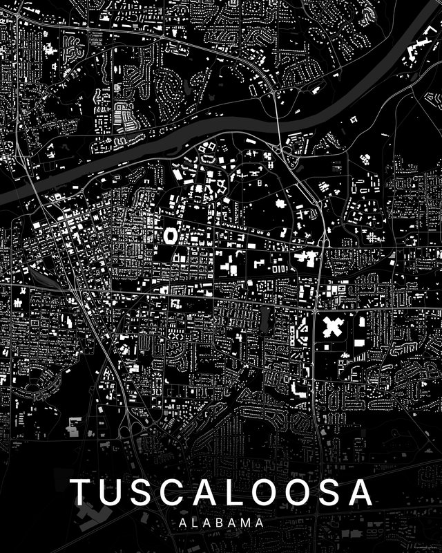 Tuscaloosa map print, Dark colorway