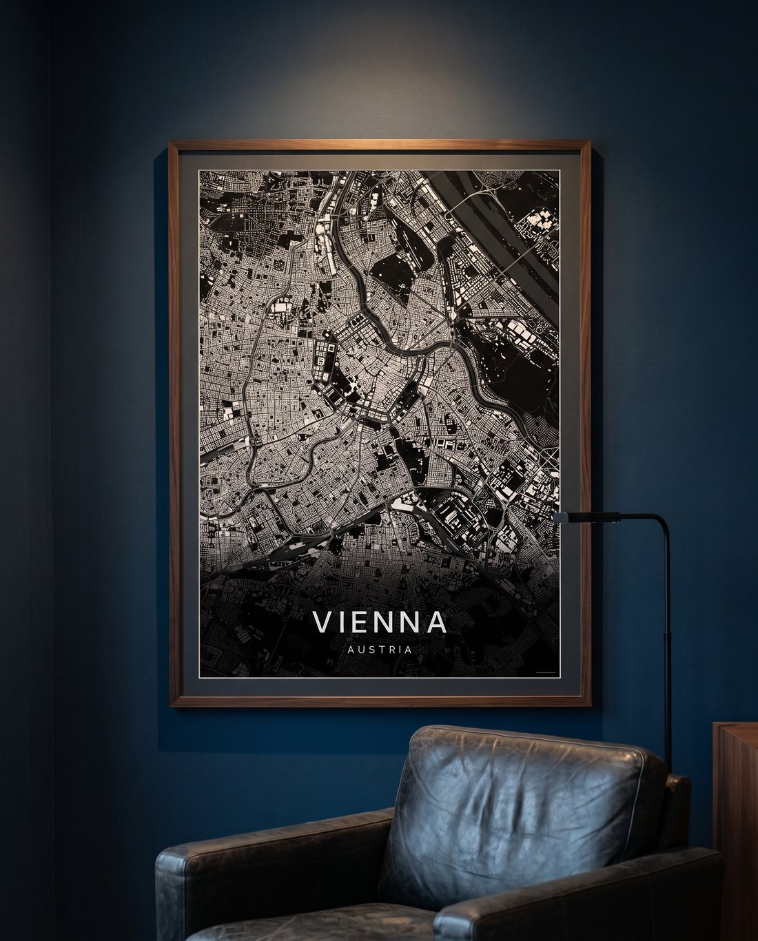 Vienna map print framed on a wall