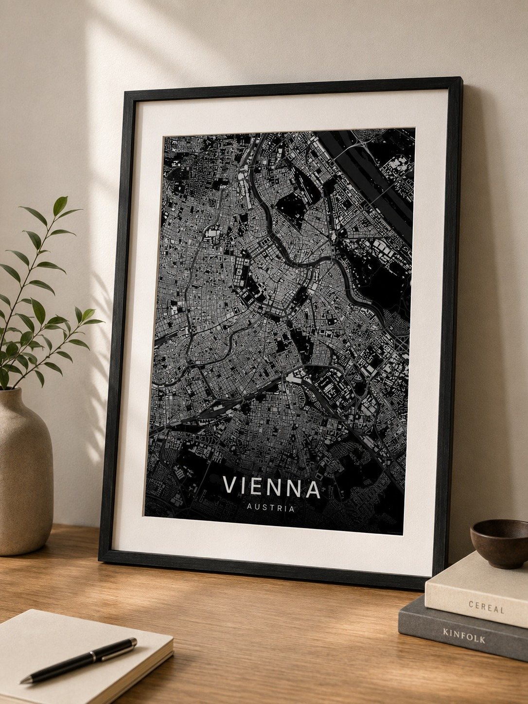 Vienna map print framed on a wall