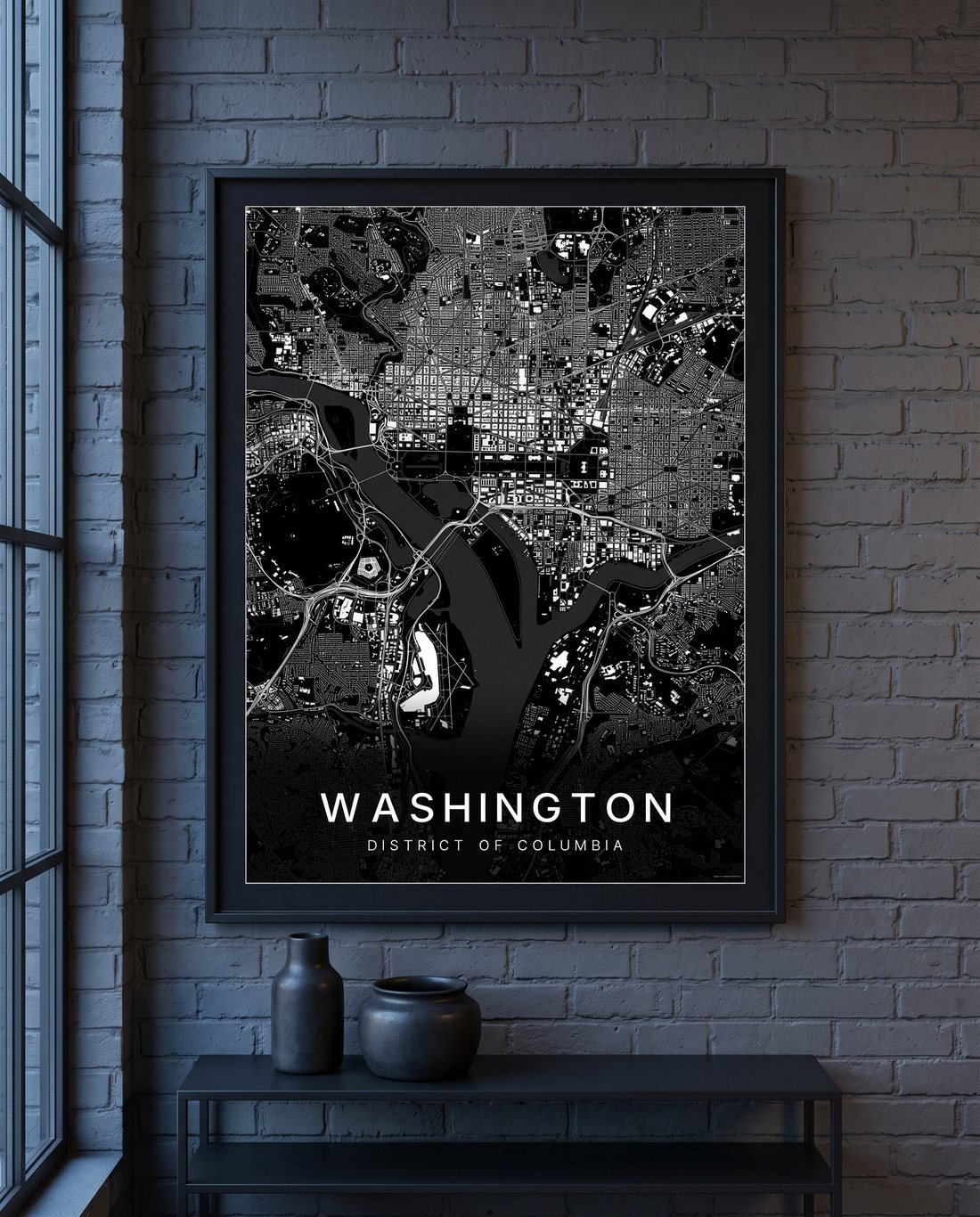 Washington map print framed on a wall