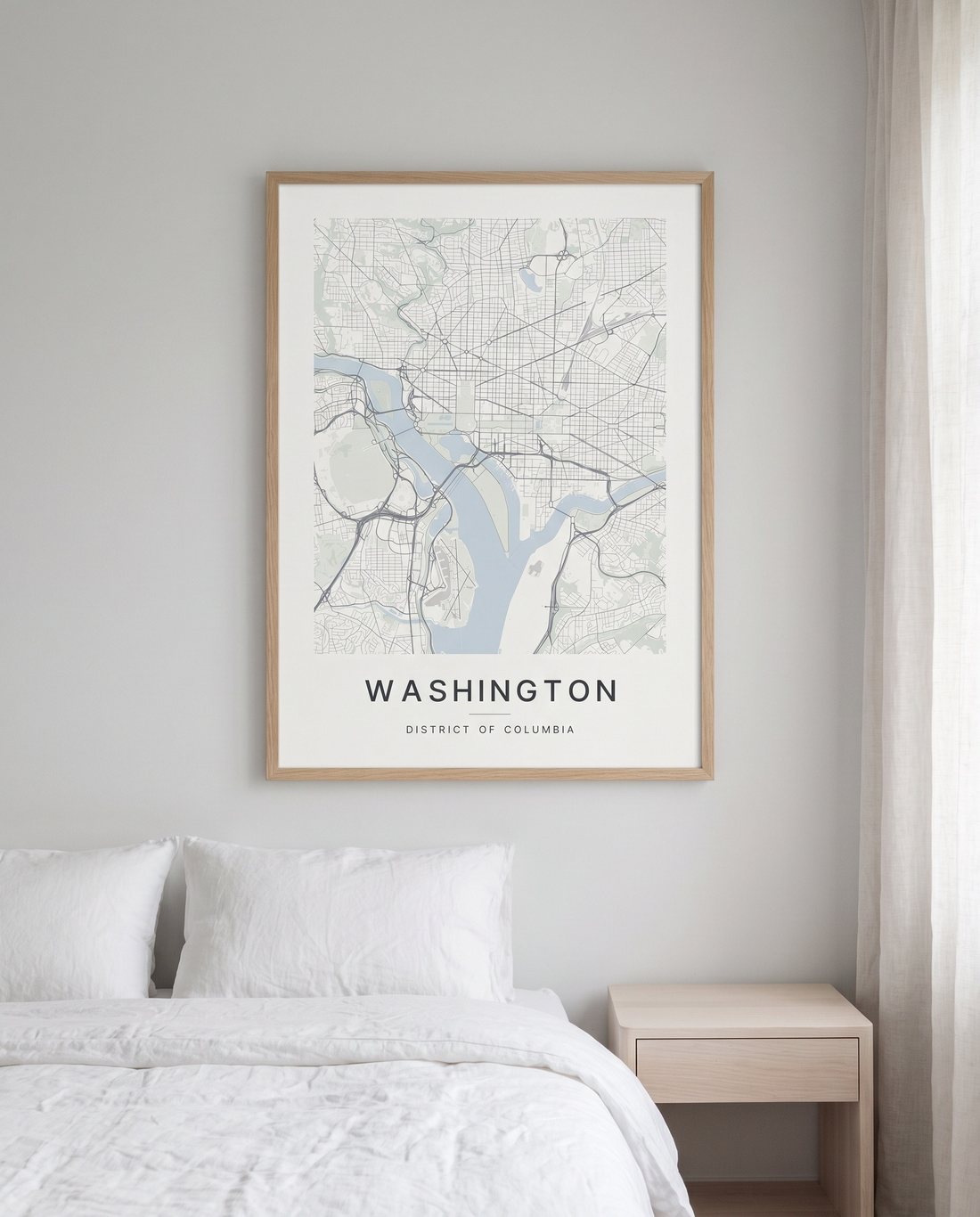 Washington map print framed on a wall